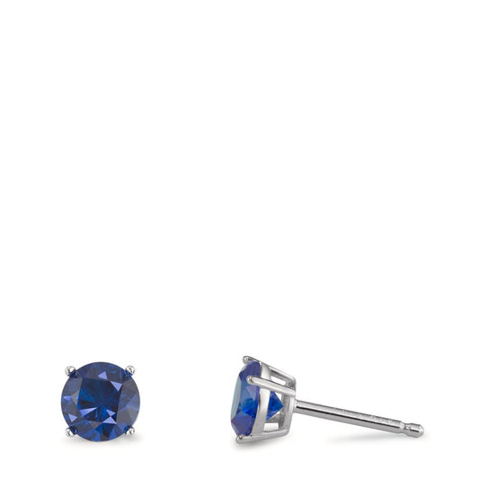 Stud earrings Silver Zirconia Sapphire blue, 2 Stones Rhodium plated Ø6 mm