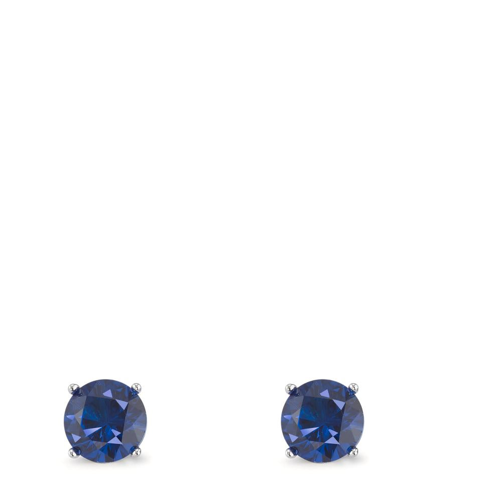 Stud earrings Silver Zirconia Sapphire blue, 2 Stones Rhodium plated Ø6 mm