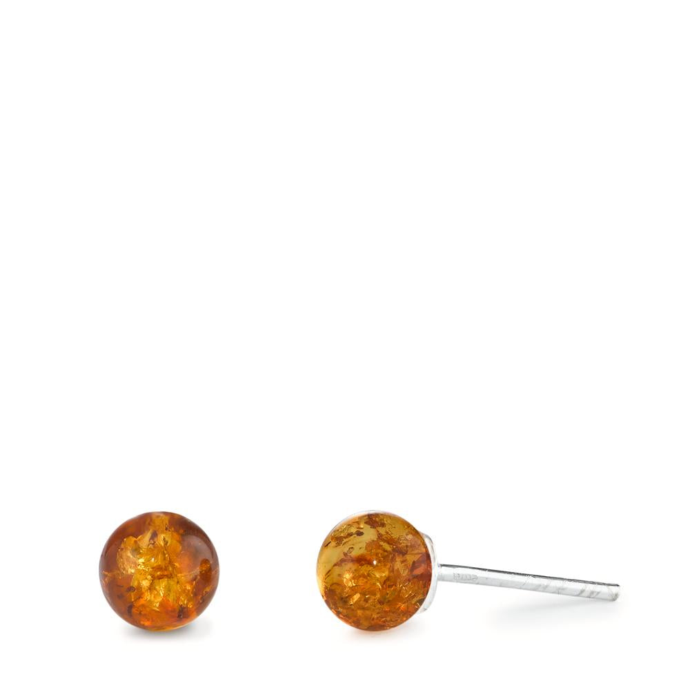 Stud earrings Silver Amber 2 Stones Ø6 mm