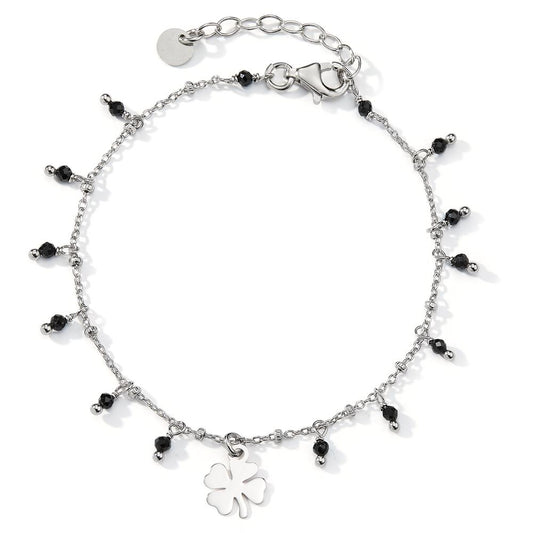 Bracelet Silver Crystal Black, 14 Stones Rhodium plated Cloverleaf 16-19 cm