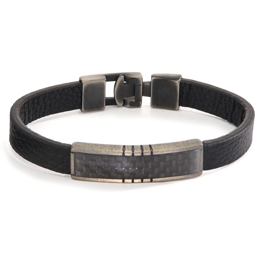 Bracelet Leather, Stainless steel, Carbon Black IP coated 21 cm