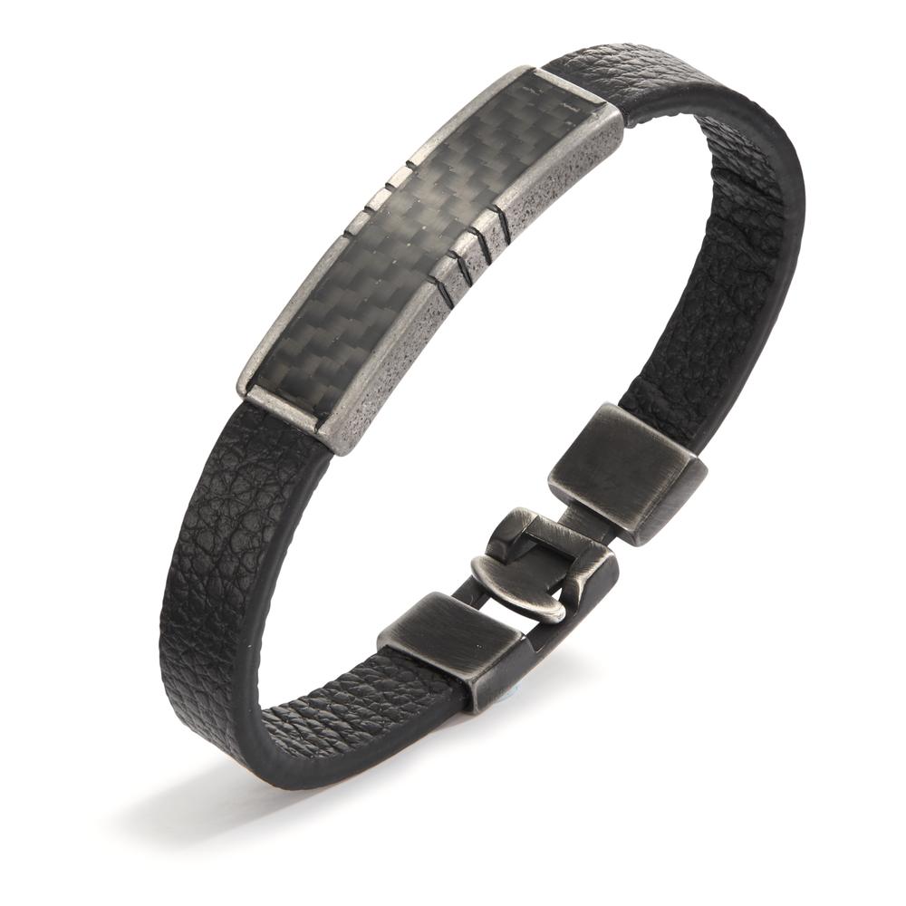 Bracelet Leather, Stainless steel, Carbon Black IP coated 21 cm