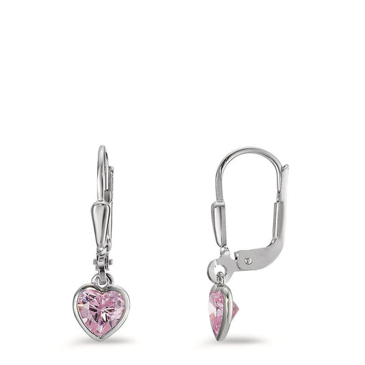 Drop Earrings Silver Zirconia Rose, 2 Stones Rhodium plated Heart Ø6 mm