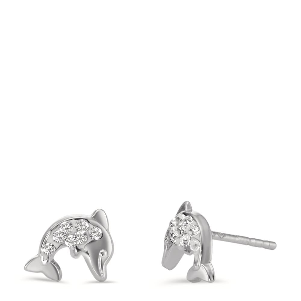 Stud earrings 14k White Gold Crystal 14 Stones Dolphin Ø6 mm