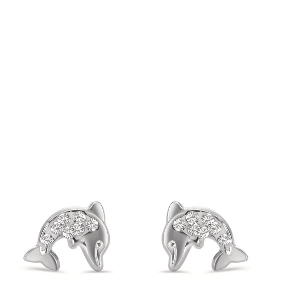 Stud earrings 14k White Gold Crystal 14 Stones Dolphin Ø6 mm