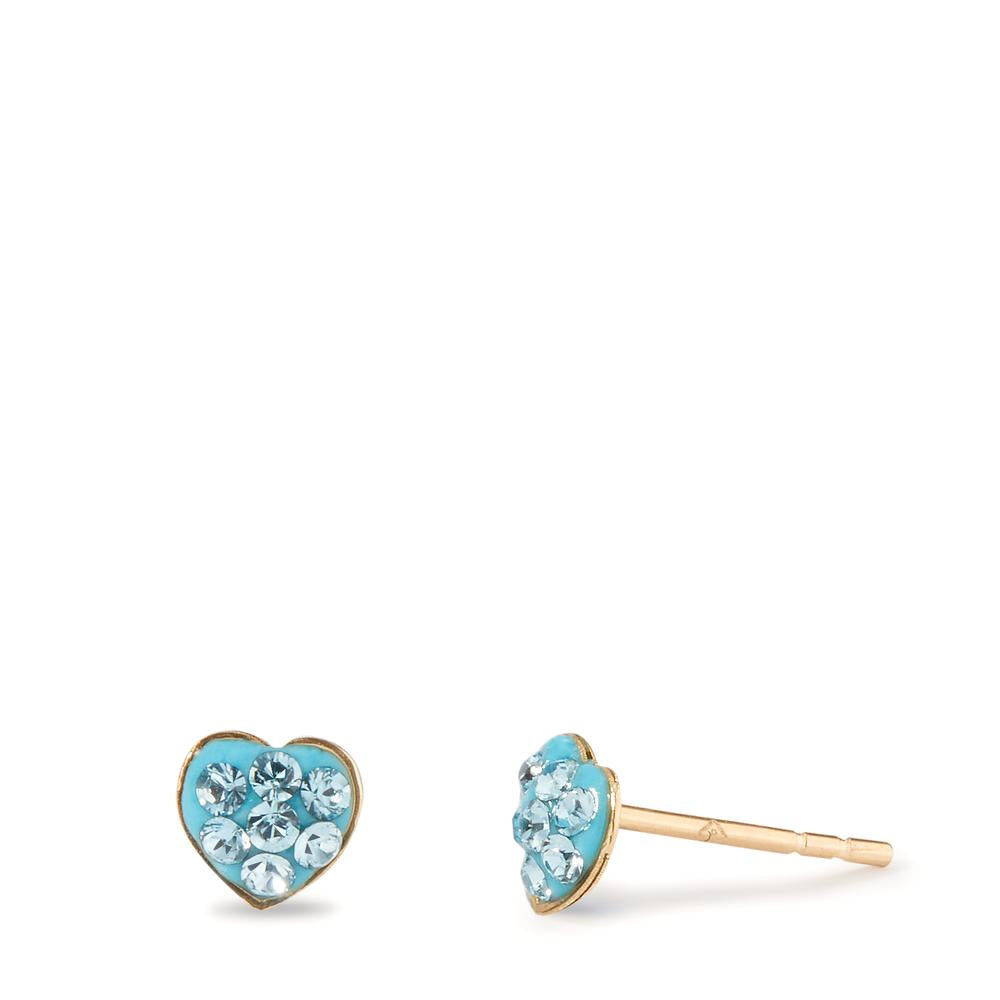 Stud earrings 14k Yellow Gold Crystal Blue, 14 Stones Heart Ø4.5 mm