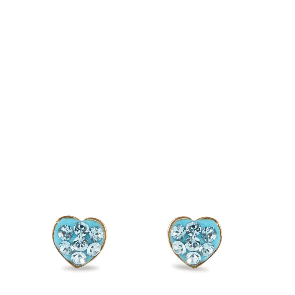 Stud earrings 14k Yellow Gold Crystal Blue, 14 Stones Heart Ø4.5 mm