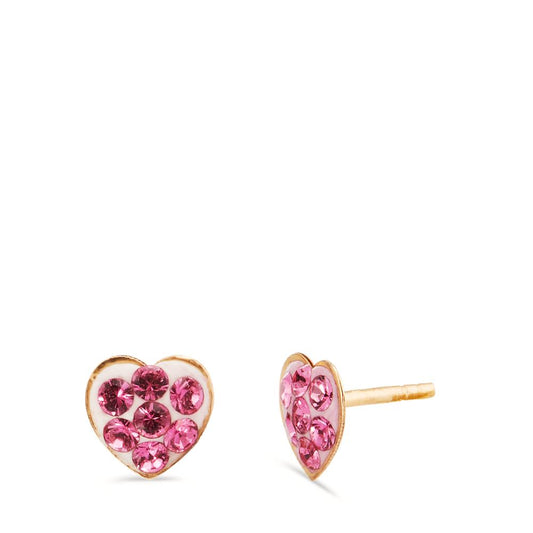 Stud earrings 14k Yellow Gold Crystal Pink, 14 Stones Heart Ø4.5 mm