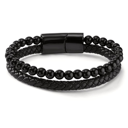 Bracelet Stainless steel, Leather [synth. Stein] Black IP coated 20.5 cm