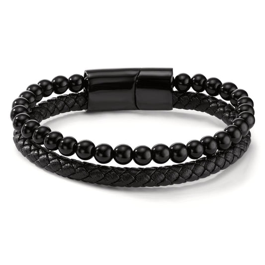 Bracelet Stainless steel, Leather Lava Black IP coated 20.5 cm