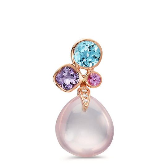 Pendant 18k Red Gold Rose Quartz, Sapphire Pink, Amethyst, Topaz Blue, Diamond 0.02 ct, 3 Stones, w-si