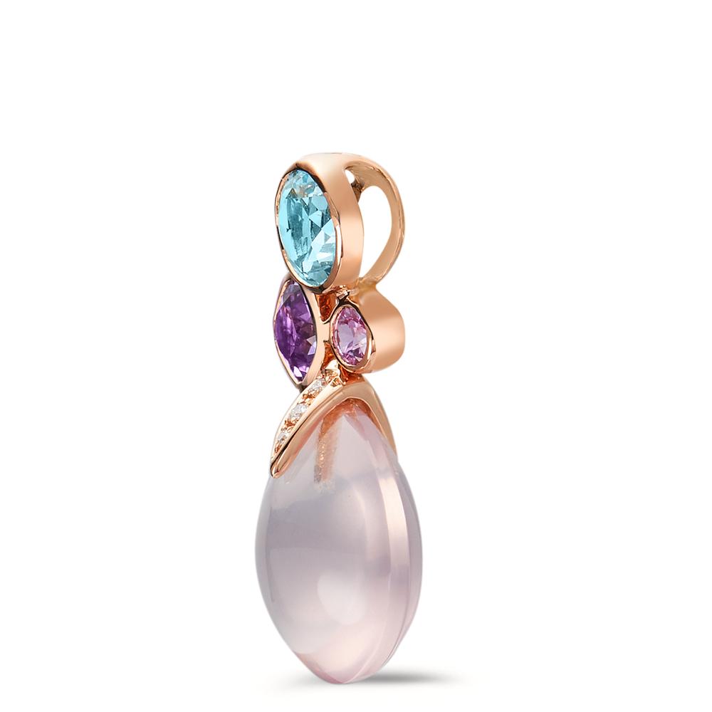 Pendant 18k Red Gold Rose Quartz, Sapphire Pink, Amethyst, Topaz Blue, Diamond 0.02 ct, 3 Stones, w-si