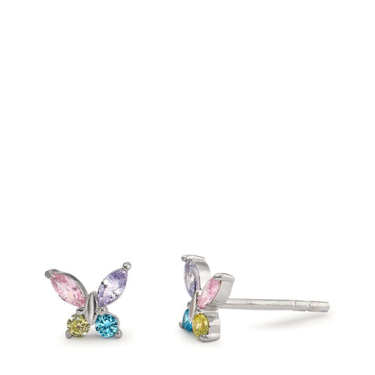 Stud earrings Silver Zirconia 8 Stones Rhodium plated Butterfly Ø7 mm