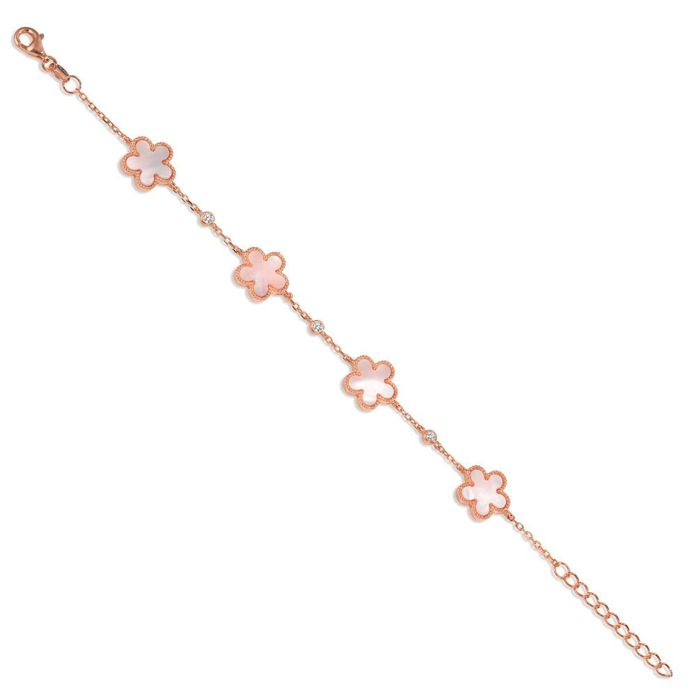 Bracelet Silver Zirconia 3 Stones Rose Gold plated Mother of pearl Flower 15.5-18 cm