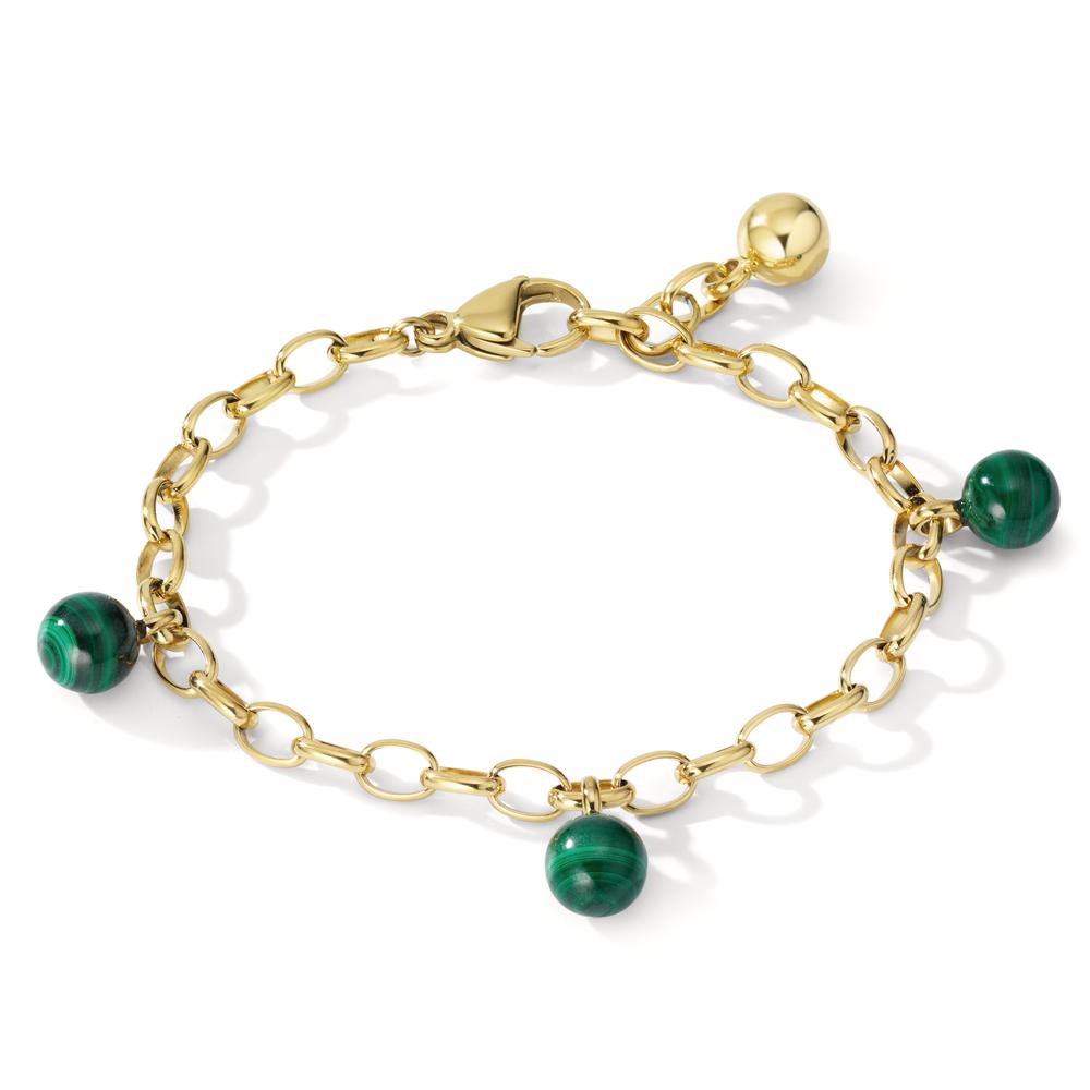 Bracelet Stainless steel Malachite 3 Stones Yellow IP coated 17.5-19.5 cm Ø4 mm