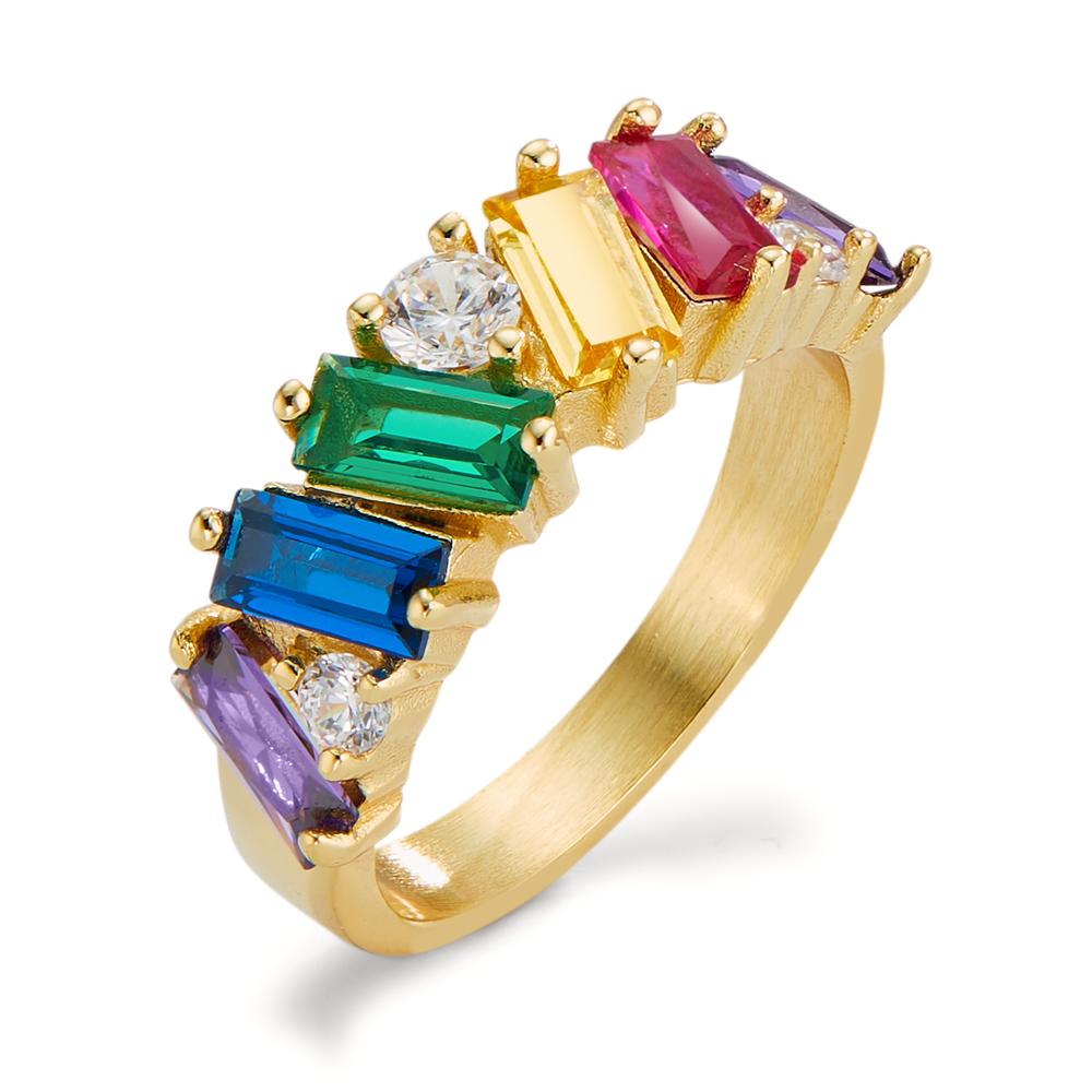 Ring Stainless steel Zirconia Colorful, 9 Stones Yellow IP coated