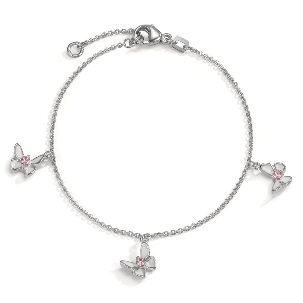 Bracelet Silver Zirconia Rose, 3 Stones Rhodium plated Butterfly 15-17 cm