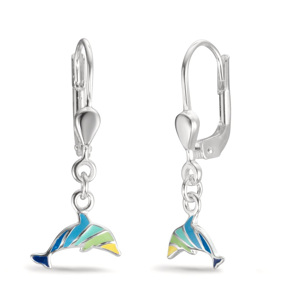 Drop Earrings Silver Enameled Dolphin