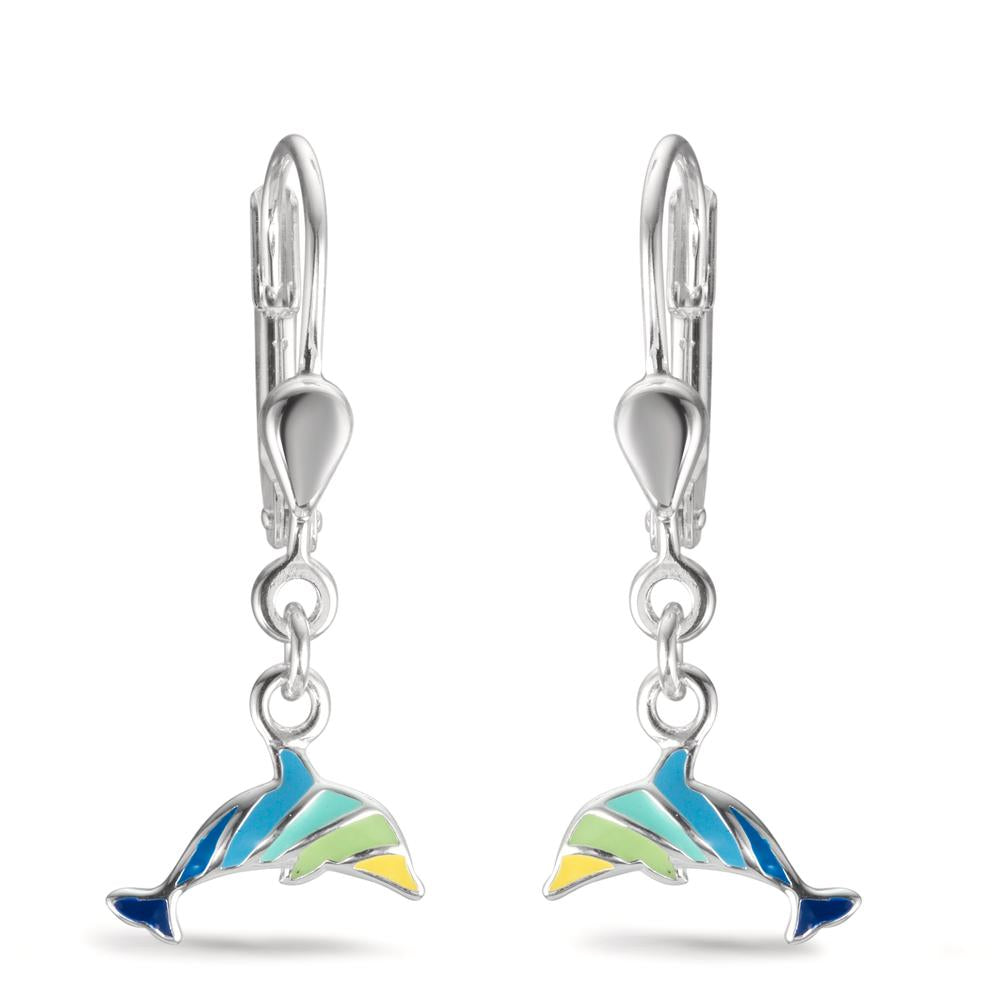 Drop Earrings Silver Enameled Dolphin