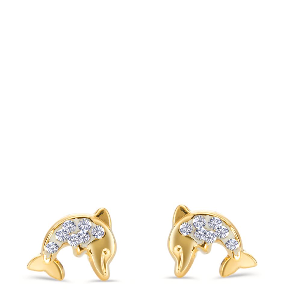 Stud earrings 14k Yellow Gold Crystal 14 Stones Dolphin Ø6 mm