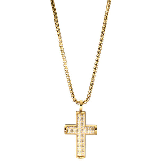 Chain necklace with pendant Stainless steel Zirconia 75 Stones Yellow IP coated Cross 55 cm