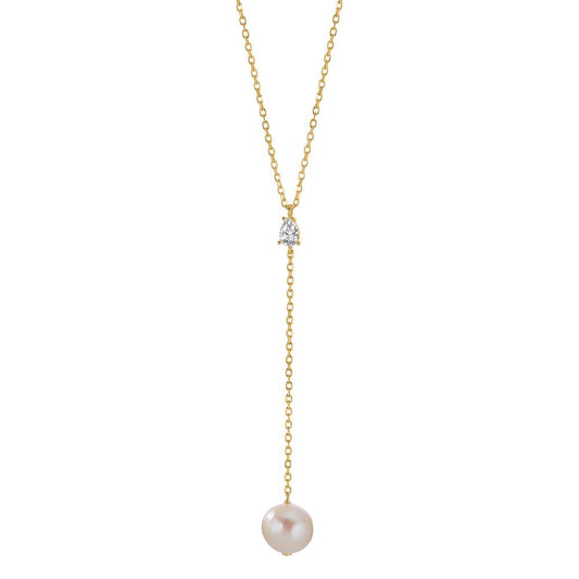 Necklace Silver Zirconia Yellow Gold plated Freshwater pearl 40-45 cm