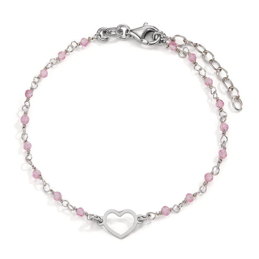 Bracelet Silver Crystal Rose, 18 Stones Rhodium plated Heart 15.5-18.5 cm