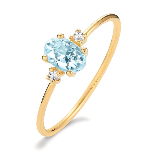 Ring 18k Yellow Gold Diamond 0.03 ct, 3 Stones, w-si, Topaz Blue