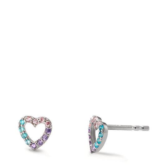 Stud earrings Silver Zirconia Colorful Rhodium plated Heart Ø5.5 mm