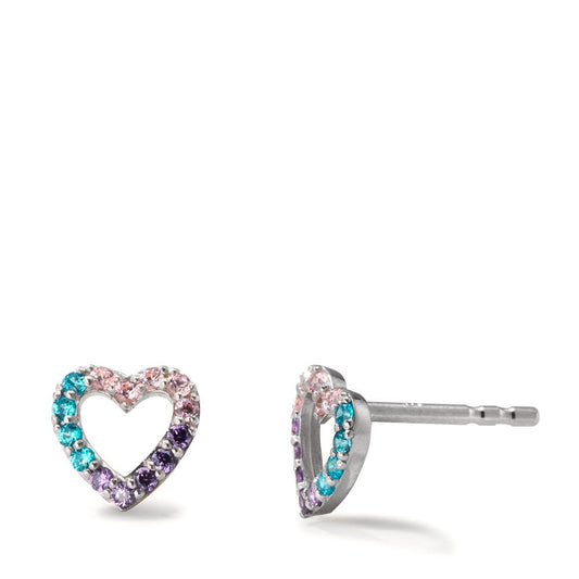 Stud earrings Silver Zirconia Colorful Rhodium plated Heart Ø7 mm