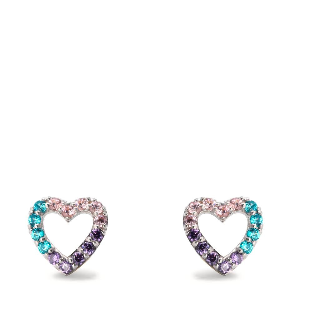 Stud earrings Silver Zirconia Colorful Rhodium plated Heart Ø7 mm