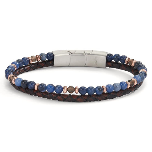 Bracelet Stainless steel, Leather Sodalite, Citrine, Hematite Rose IP coated 20-21 cm