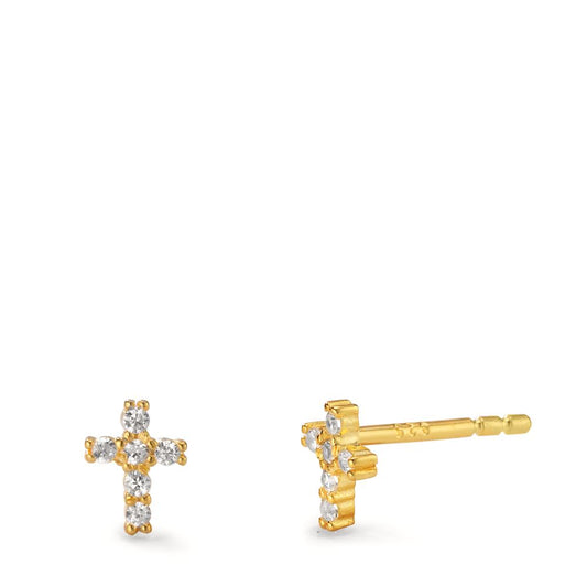 Stud earrings Silver Zirconia 12 Stones Yellow Gold plated Cross