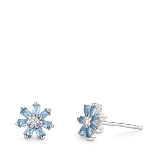 Stud earrings Silver Zirconia Blue, 16 Stones Rhodium plated Ø7 mm