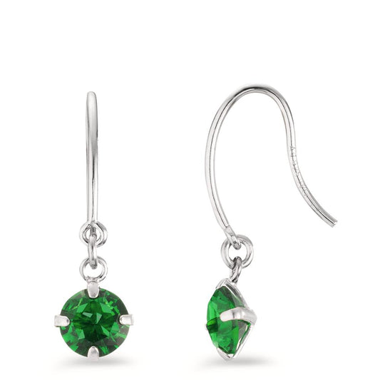 Drop Earrings Silver Zirconia Green, 2 Stones Rhodium plated Ø6 mm