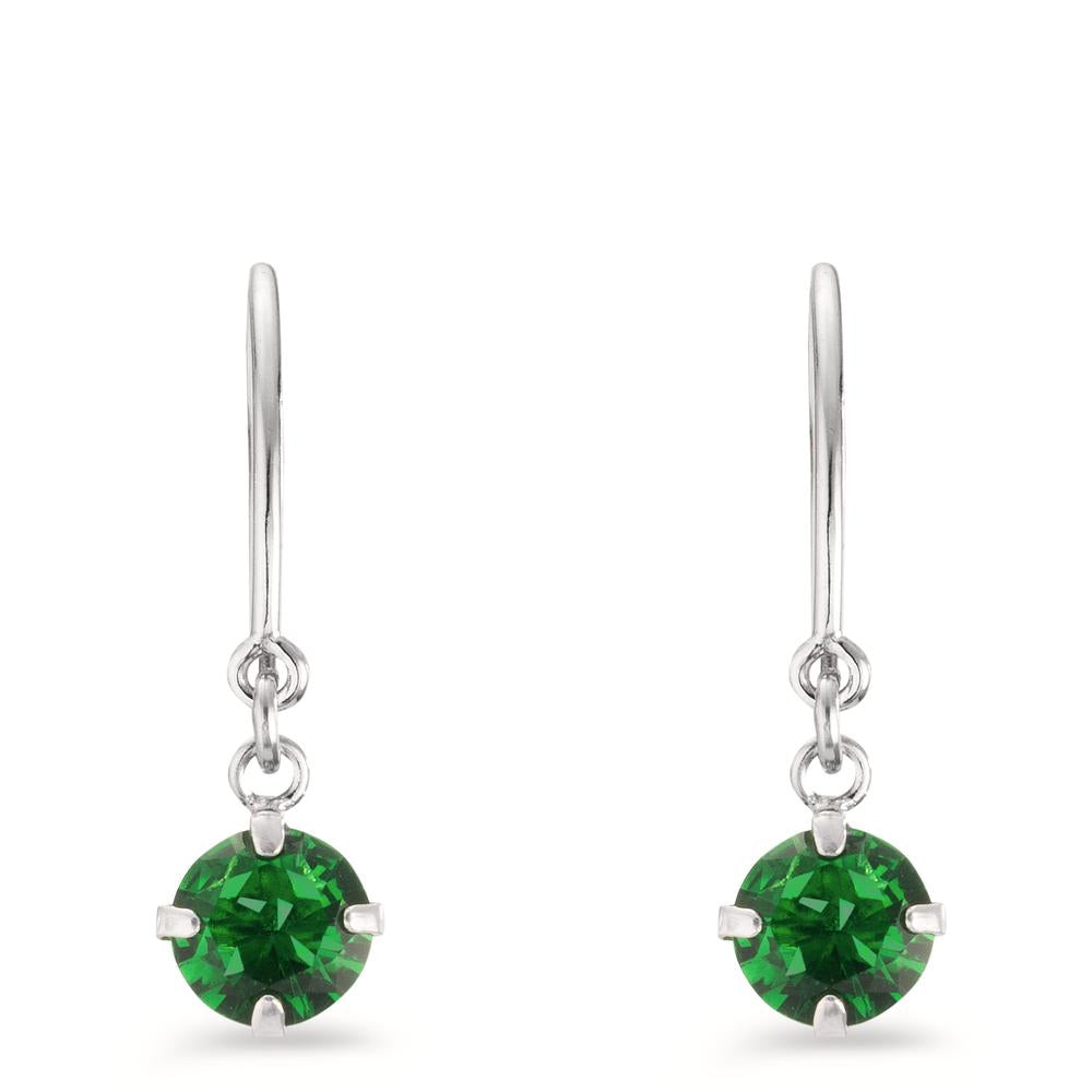 Drop Earrings Silver Zirconia Green, 2 Stones Rhodium plated Ø6 mm