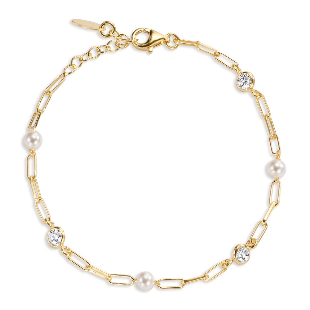 Bracelet Silver Zirconia 3 Stones Yellow Gold plated Shining pearls 16-19 cm