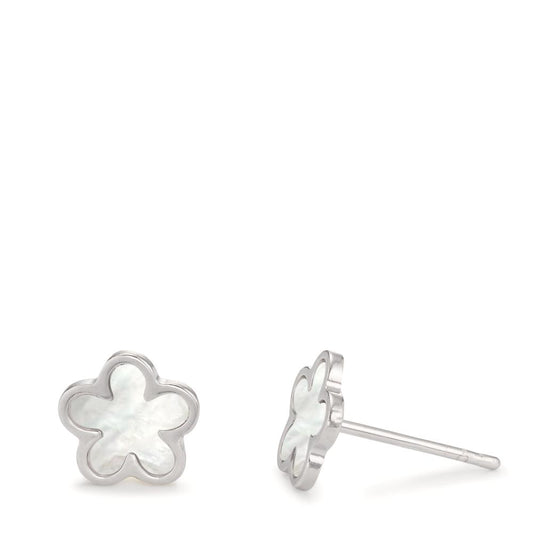 Stud earrings Silver Rhodium plated Mother of pearl Flower Ø8 mm