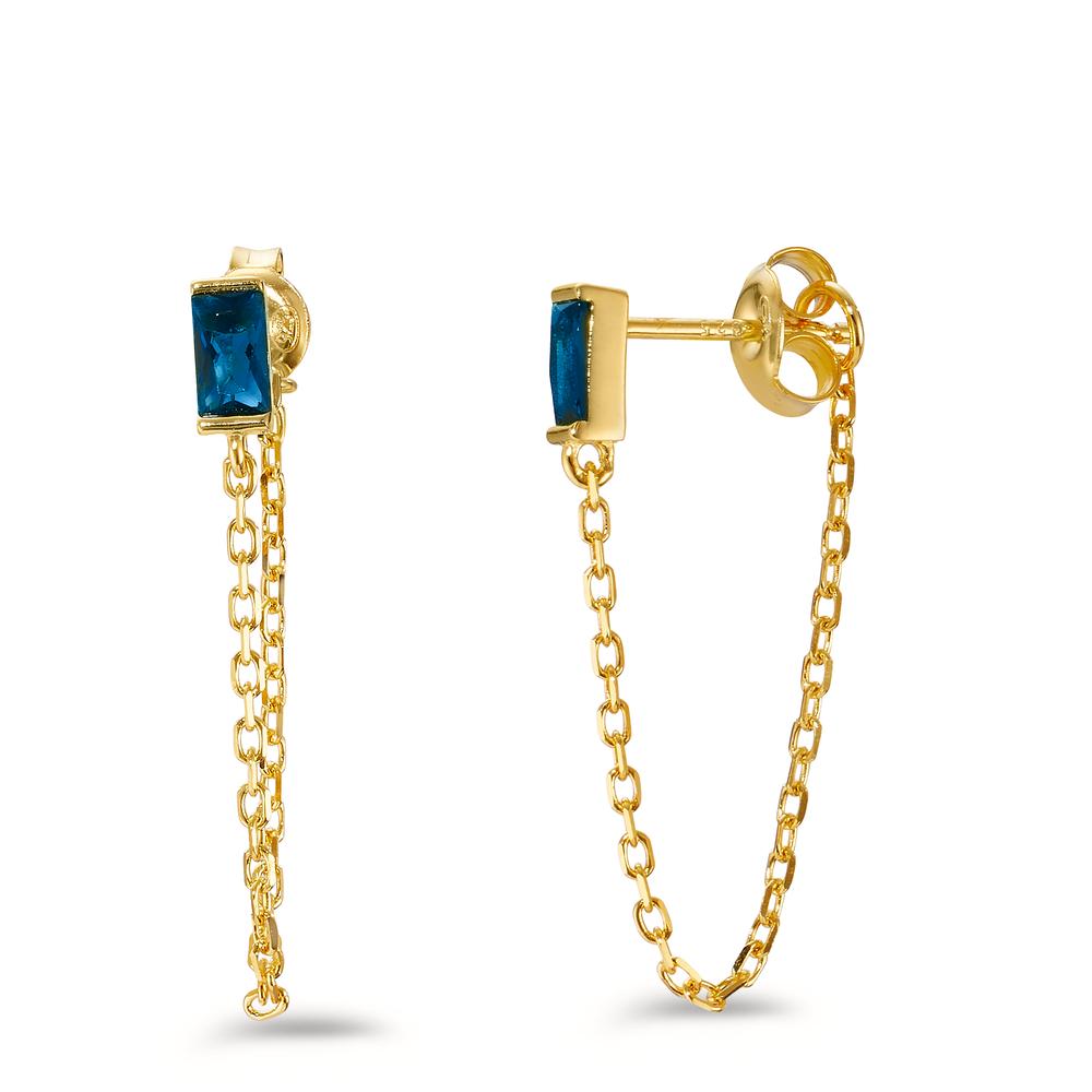 Drop Earrings Silver Zirconia Blue, 2 Stones Yellow Gold plated