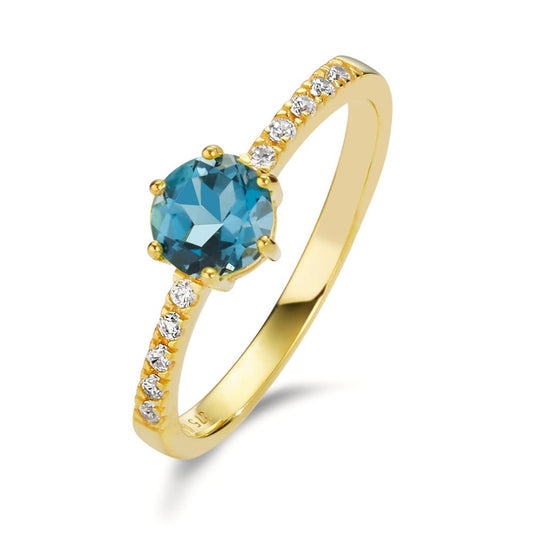 Ring 9k Yellow Gold London Blue Topaz, Zirconia 10 Stones