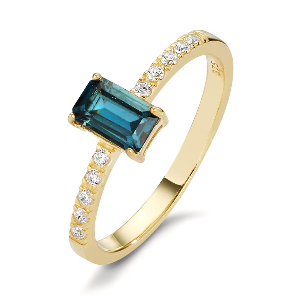 Ring 9k Yellow Gold London Blue Topaz, Zirconia 10 Stones