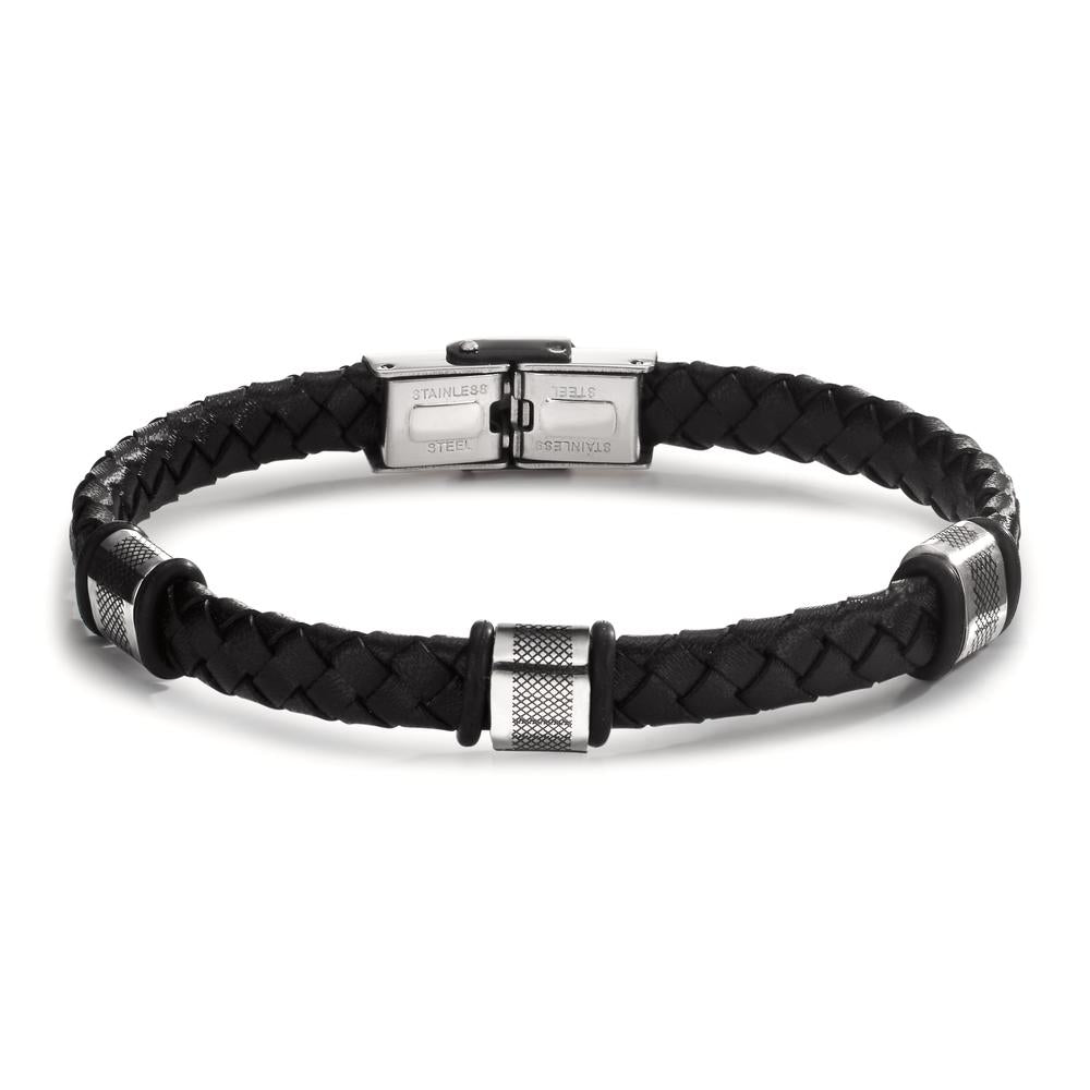 Bracelet Stainless steel, Leather, Rubber Black IP coated 22 cm