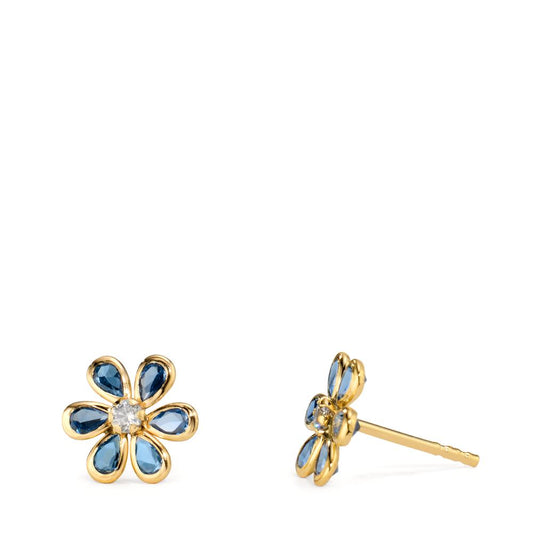 Stud earrings 9k Yellow Gold synthetic spinel blue light 6 Stones, Zirconia Flower Ø7.5 mm