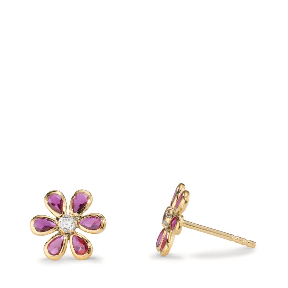 Stud earrings 9k Yellow Gold synthetic ruby 6 Stones, Zirconia Flower Ø7.5 mm