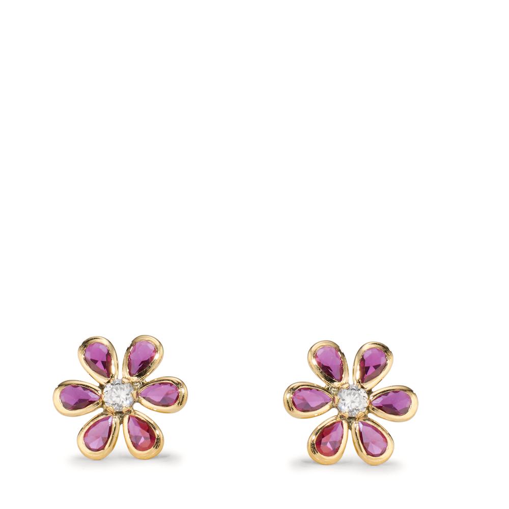 Stud earrings 9k Yellow Gold synthetic ruby 6 Stones, Zirconia Flower Ø7.5 mm