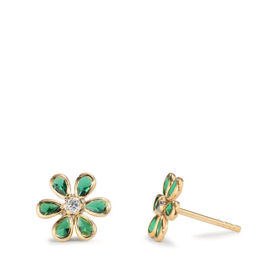 Stud earrings 9k Yellow Gold Synthetic Emerald 6 Stones, Zirconia Flower Ø7.5 mm