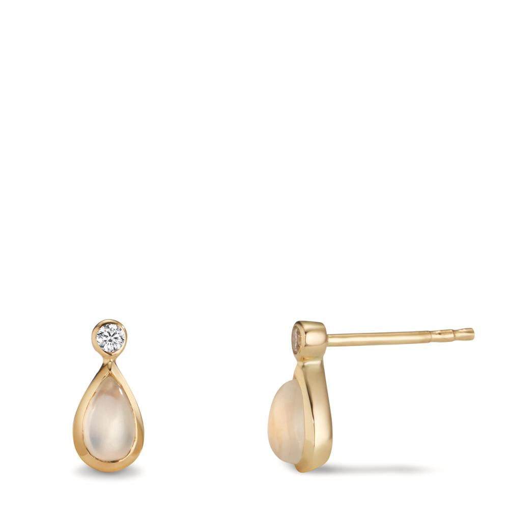 Drop Earrings 9k Yellow Gold Zirconia 2 Stones, Moonstone 2 Stones