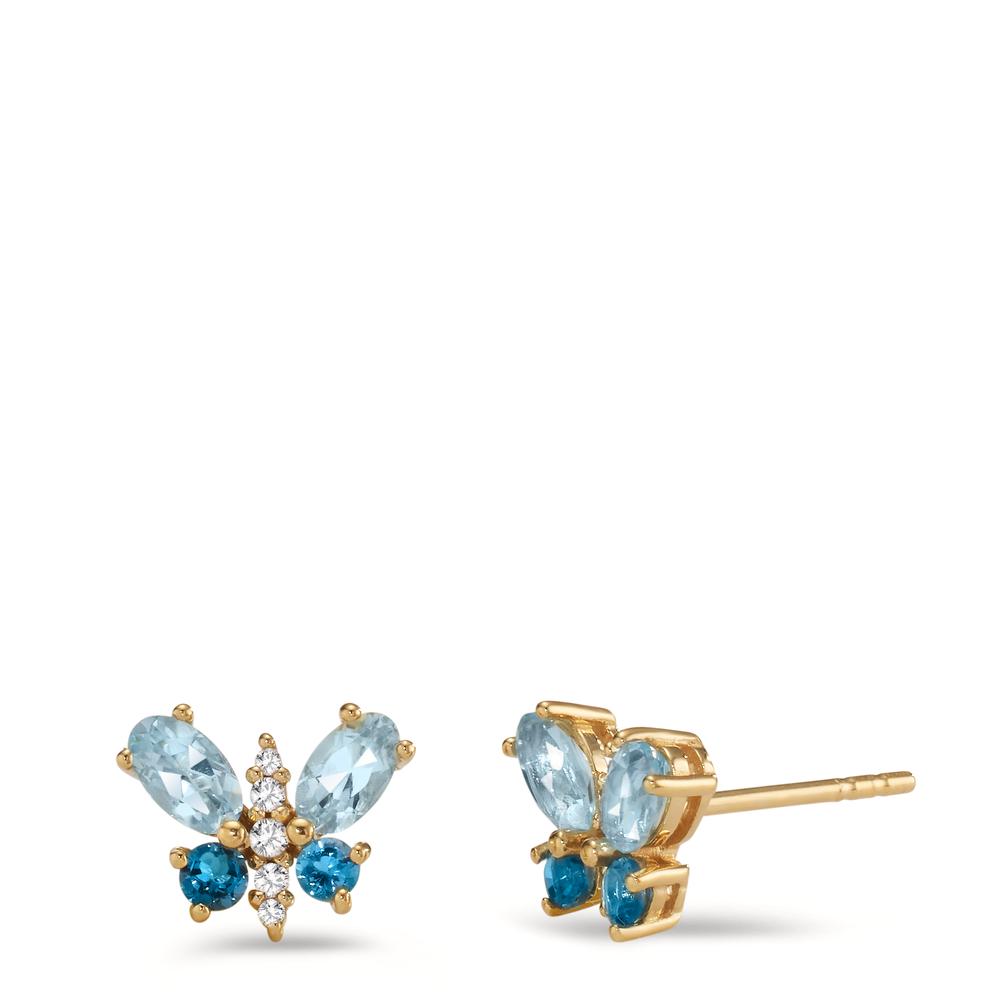 Stud earrings Silver Zirconia 10 Stones, London Blue Topaz 4 Stones, Topaz Blue, 4 Stones Yellow Gold plated Butterfly